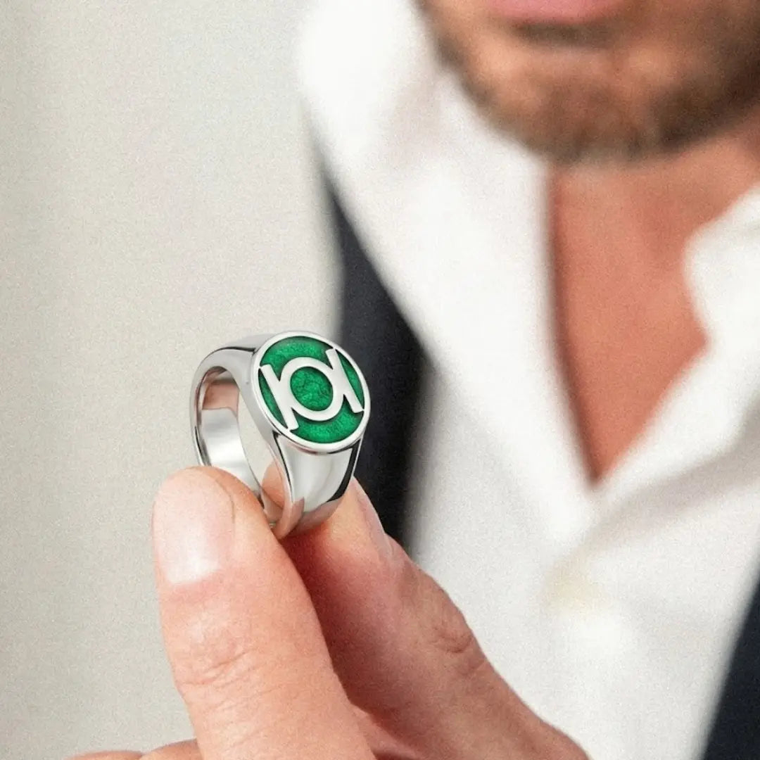 Stainless Steel Silver Green Emerald Emblem  Ring