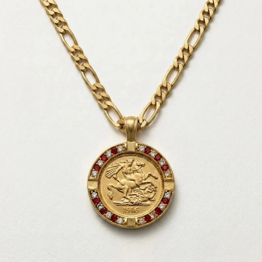Gold Filled Customized Full Sovereign Pendant Necklace With Ruby & CZ