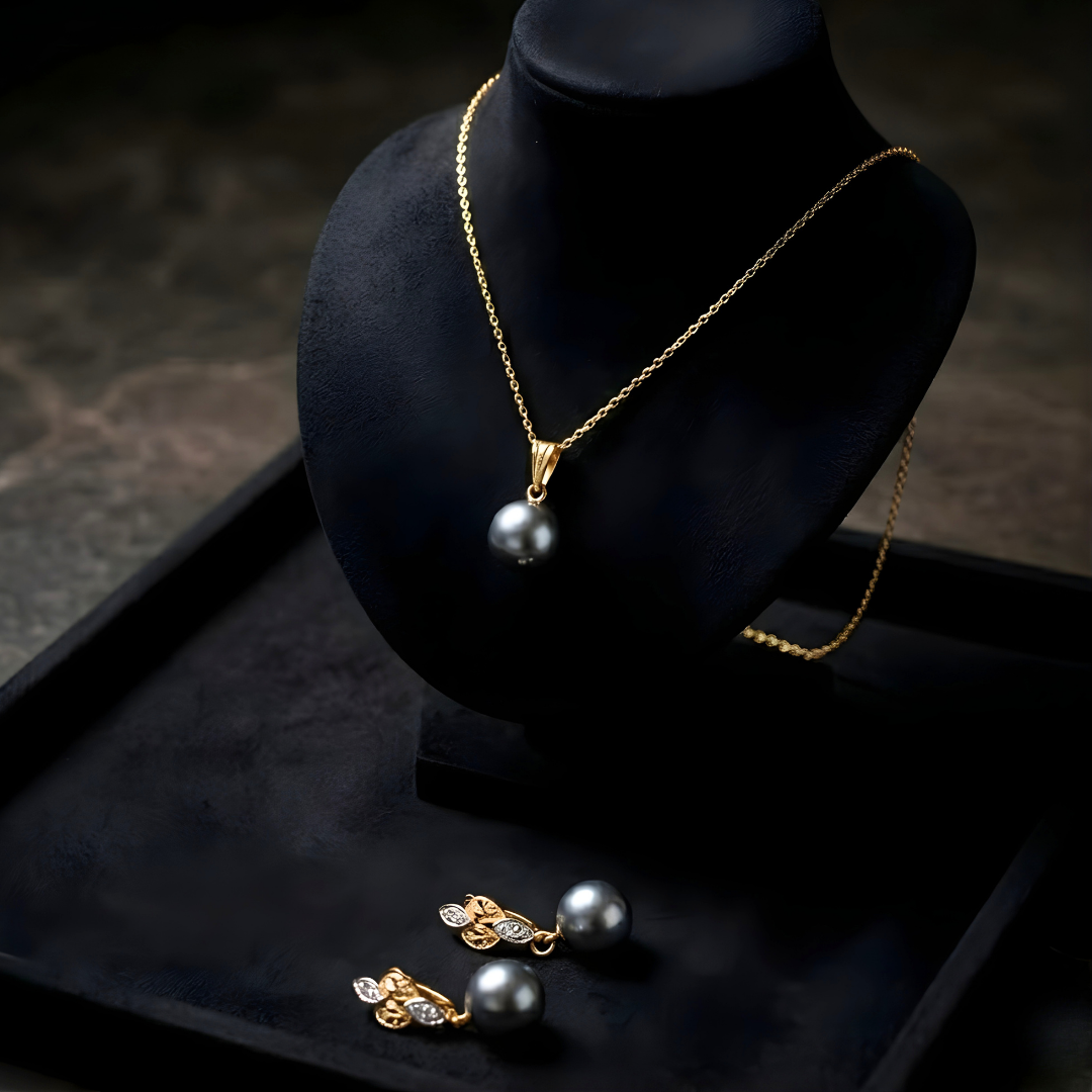 18K Gold Filled Hawaiian Pearl Necklace  with Diamond Huggie Earrings