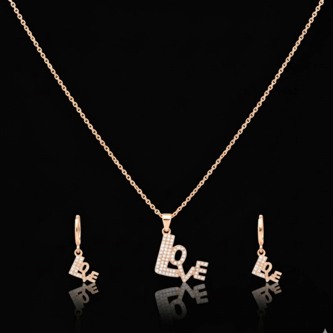 18K Rose Gold Filled LOVE Pendant Necklace With Earrings