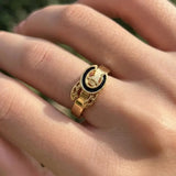 18K Gold Filled Iconic Horsebit Horseshoe Ring – Black Enamel Lucky Horseshoe Statement Ring for Women