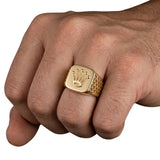 18K Gold Filled Iconic Crown Signet Ring – Honeycomb Textured Shoulders Gold Statement Ring for Men & Women