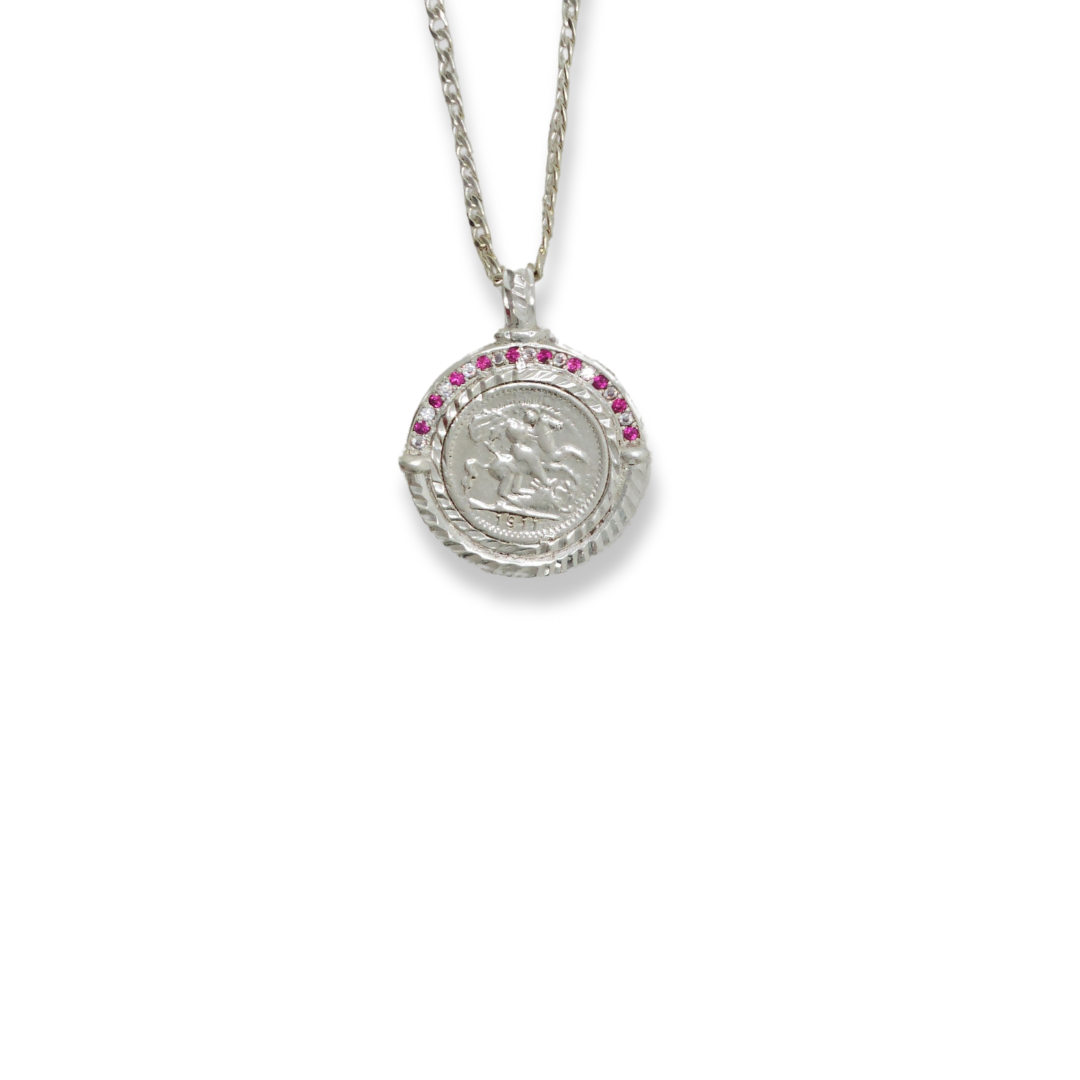 Silver Rhodium Plated Sovereign Pendant Necklace with Ruby & CZ