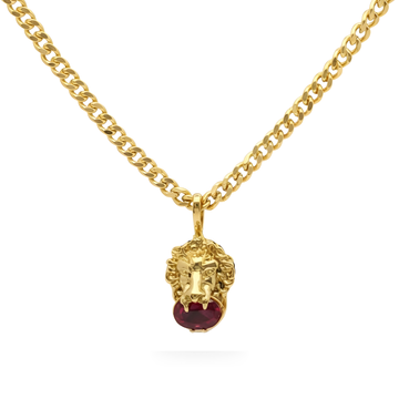 18K Gold Filled Lion Head Ruby Gemstone Pendant Necklace – Sculpted 3D Lion Holding Oval Ruby CZ Curb Chain Necklace for Men & Women
