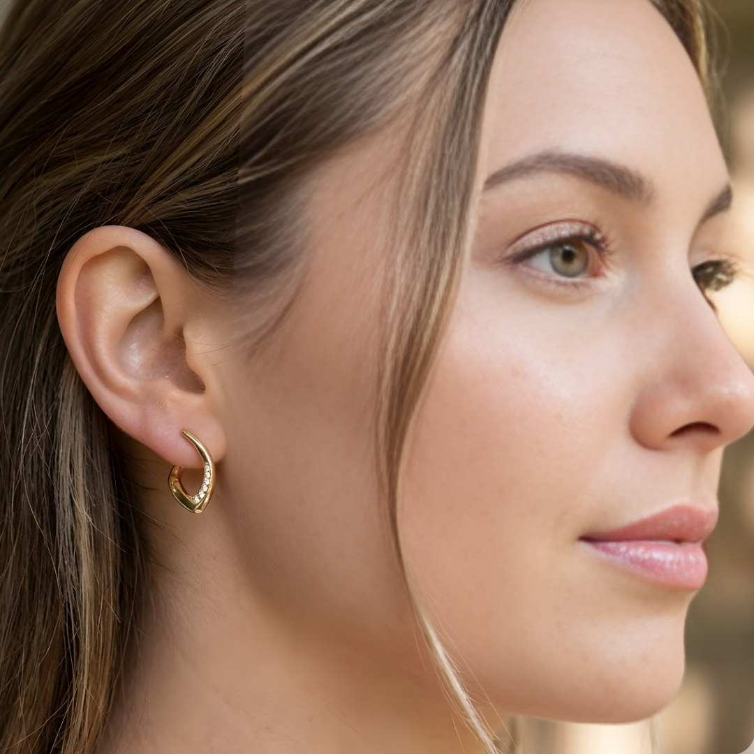 18K Gold Filled Curved Leaf Huggie Hoop Earrings with Diamonds – Pavé CZ Organic Marquise Gold Hoops for Women