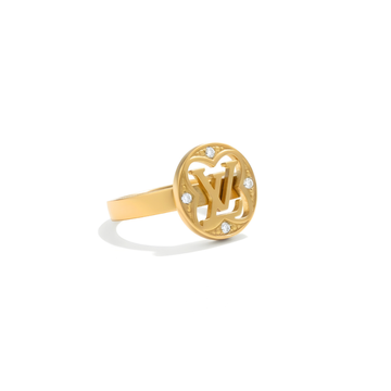 18K Gold Filled LV Monogram Ring – Cutout Monogram Medallion Ring with CZ Diamonds