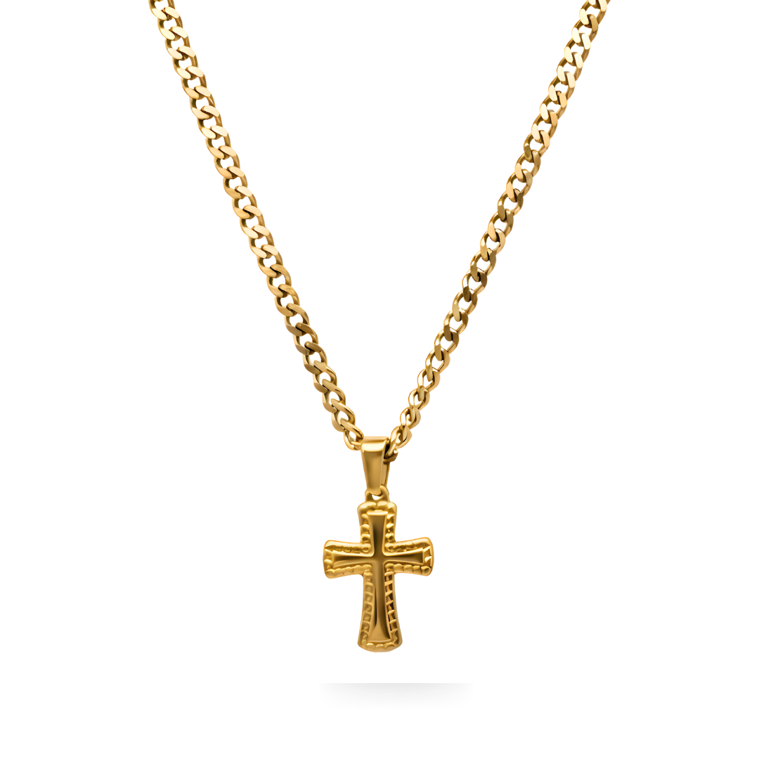 18K Gold Filled Cross Pendant Necklace with Cuban Link Chain