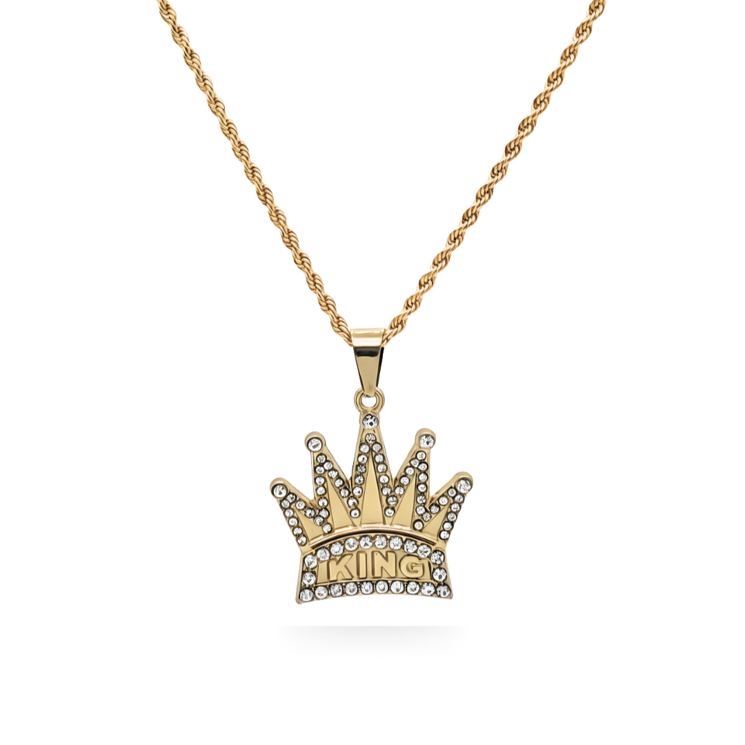 18K Gold Filled Iced Out "KING" Crown Pendant Necklace – Pavé CZ Royal Crown Rope Chain Necklace for Men & Women
