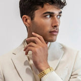 Luxury 18K Gold Stainless Steel Tarnish-Proof Bracelet – 15mm Wide Box Link Band with Engraved Centerpiece for Men (22cm)