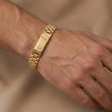 Luxury 18K Gold Stainless Steel Tarnish-Proof Bracelet – 15mm Wide Box Link Band with Engraved Centerpiece for Men (22cm)