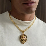 18K Gold Filled Lion Head Pendant Necklace – Ruby Red Eyes Sculpted Lion Figaro Chain Necklace for Men & Women
