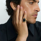 Luxu18K Gold Filled Oval Black Onyx Signet Ring – Vintage Cable Detailing & Inlay Statement Ring for Menry Men's Onyx Rings