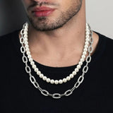 Silver Large Oval Link & Pearl Duo Layered Necklace Set – Chunky Paperclip Chain & Pearl Necklace Set for Men & Women