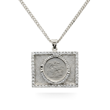 Silver Rhodium Plated Square Sovereign Pendant Necklace – St. George Coin with CZ Frame