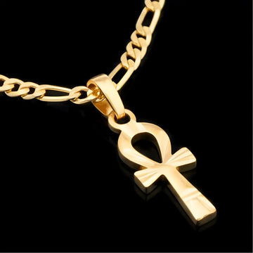 18K Gold Filled Egyptian Ankh Key of Life Pendant Necklace – Diamond-Cut Figaro Chain Necklace for Men & Women