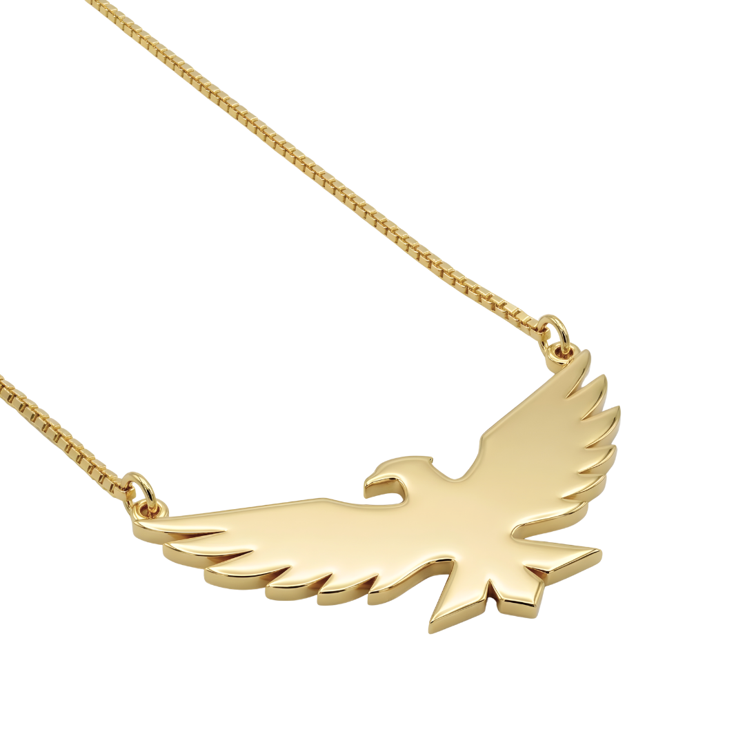 18K Gold Filled Soaring Eagle Pendant Necklace – Sculpted Spread-Wing Eagle Box Chain Necklace for Men & Women