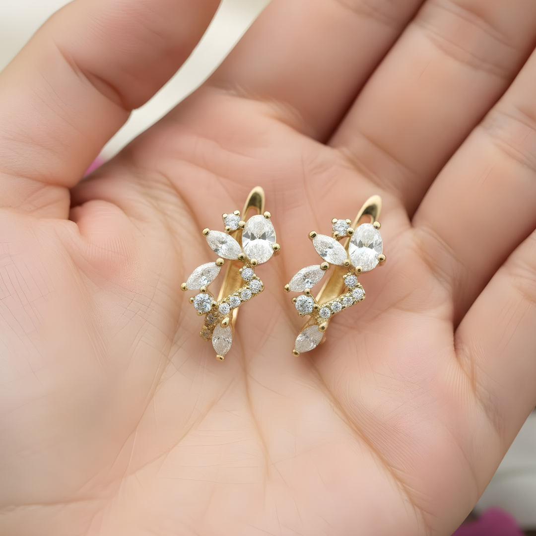 18K Gold Filled Multi-Cut CZ Cluster Huggie Earrings – Oval & Marquise Crystal Floral Huggie Hoop Earrings for Women