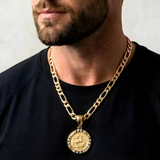 18K Gold Filled Sovereign Coin Pendant Necklace – 1911 St. George Coin with Black & White Diamond Halo Figaro Chain Necklace