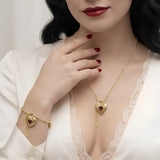 18K Gold Filled Belcher Chain Heart Necklace & Adjustable Bracelet Set – Tarnish-Proof Floral Ruby Red Crystal Jewelry