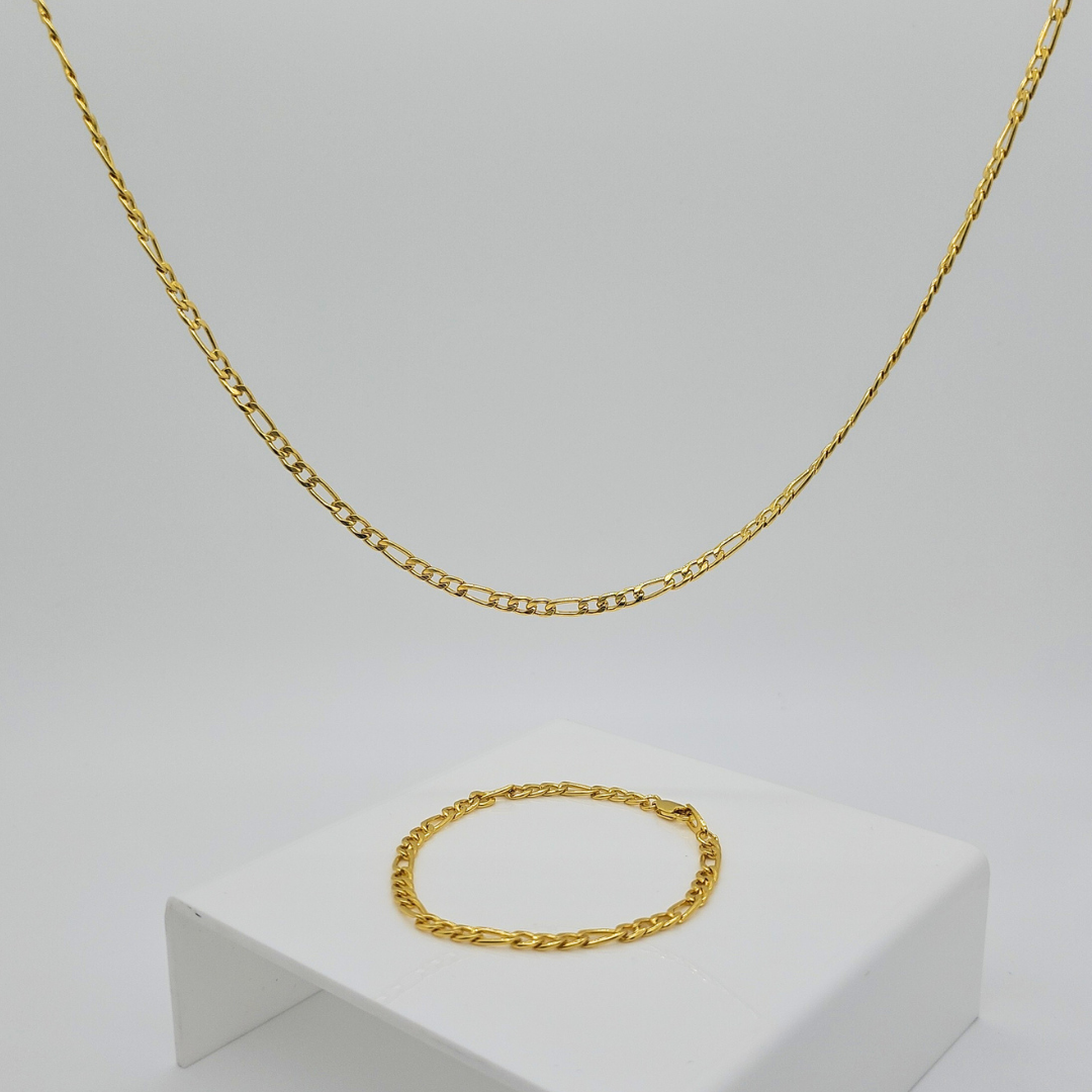18K Gold Filled Tarnish Proof Figaro Chain & Bracelet Set
