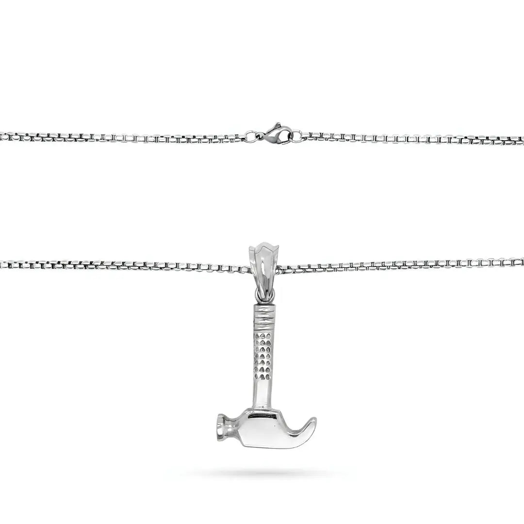 Claw Hammer Pendant Necklace with Silver Box Chain (58cm) – Rugged Industrial Statement Jewelry