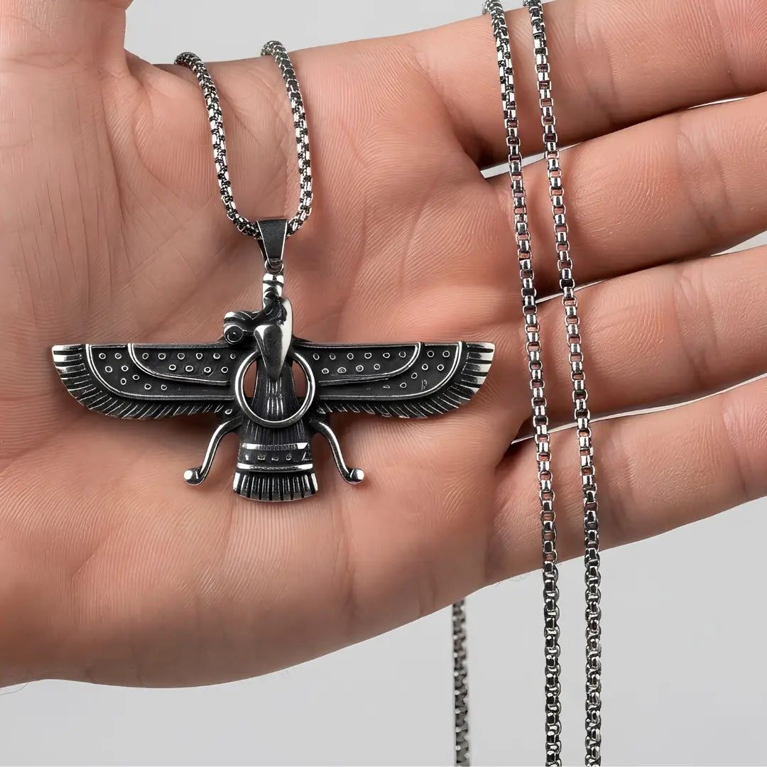 Faravahar Pendant Necklace – Oxidized Stainless Steel (50cm) – Ancient Persian Heritage Statement Jewelry