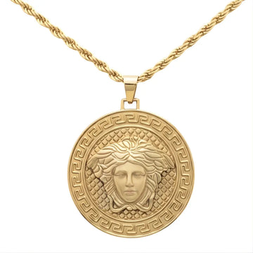 18K Gold Filled Large Greek Medusa Head Medallion Pendant Necklace – Greek Key Rope Chain Necklace