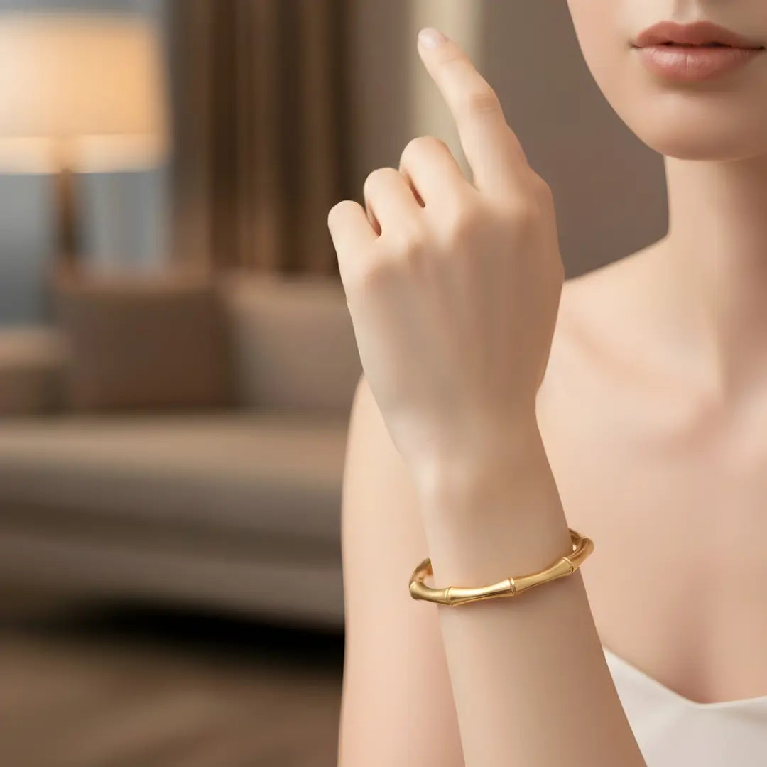 Medium Size 6.5cm Inner Width 18K Gold Filled Bamboo Cuff Bracelet - Tarnish-Proof Open Bangle, , Waterproof Jewelry