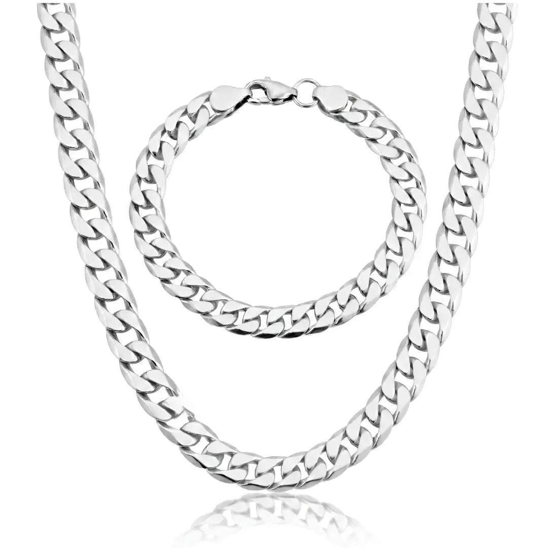 Silver Curb Cuban Link Chain & Bracelet Set (12mm x 60cm) – Heavyweight Statement Jewelry