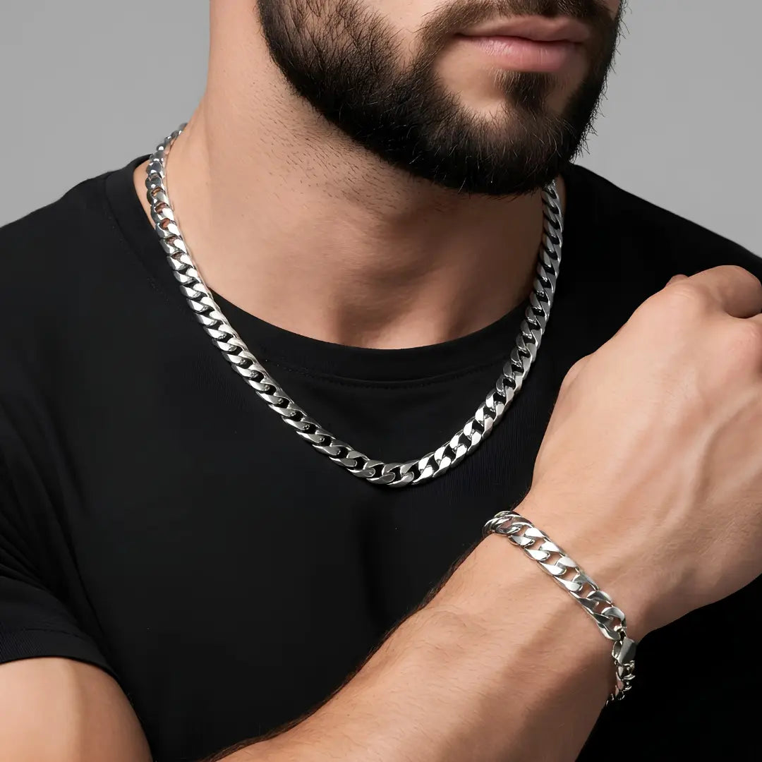 Silver Flat Cuban Link Chain & Bracelet Set (8mm x 60cm) – Tarnish-Resistant Modern Statement Jewelry