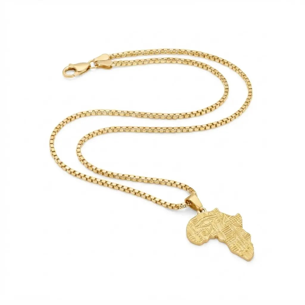 18K Gold Filled Africa Continent Pendant Necklace – 58cm Box Chain Engraved Statement Jewelry