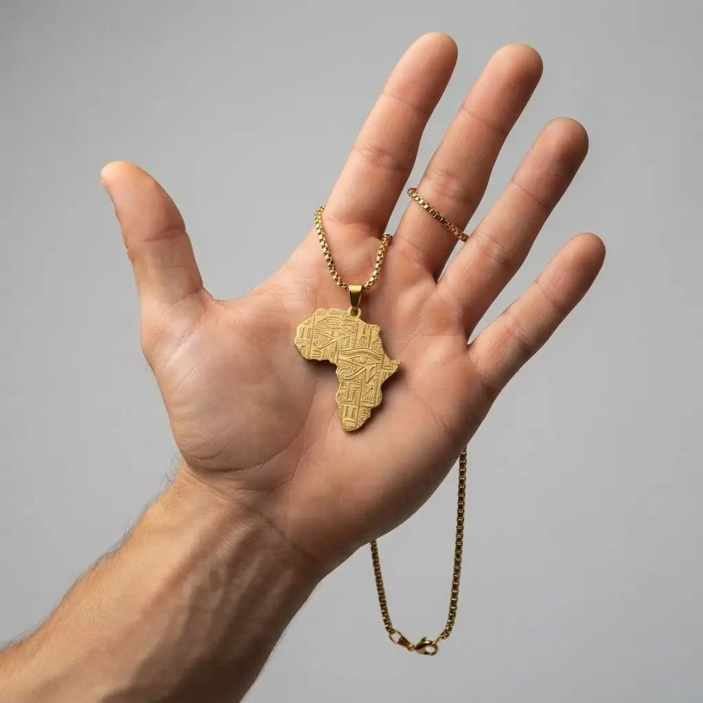 18K Gold Filled Africa Continent Pendant Necklace – 58cm Box Chain Engraved Statement Jewelry