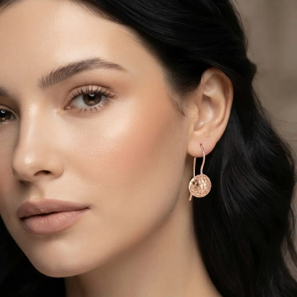 18K Gold Filled Textured Ball Drop Leverback Earrings – 20mm Hammered Coin-Texture Drop