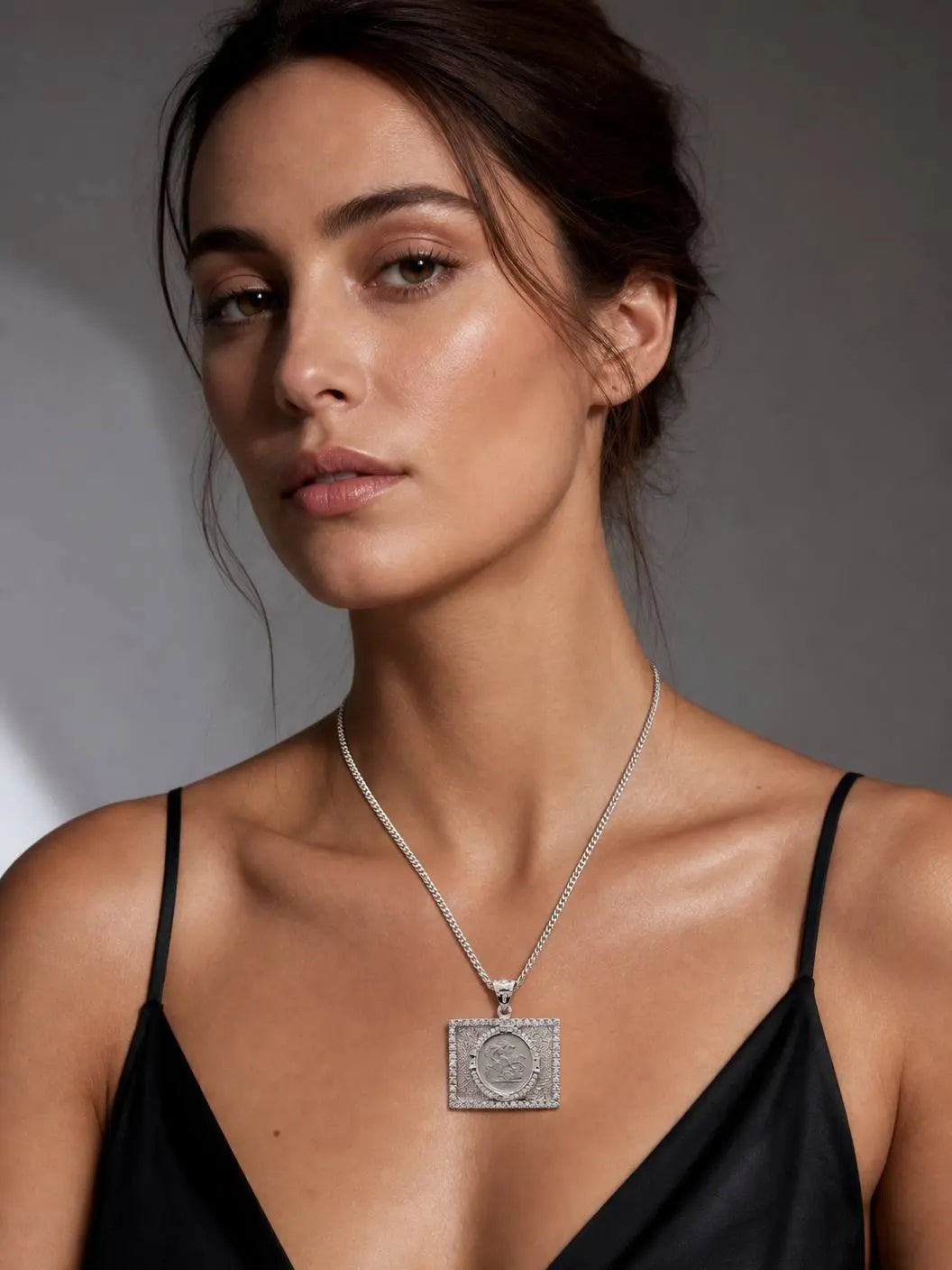 Silver Rhodium Plated Square Sovereign Pendant
