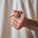 18K Gold Filled Crown Onyx Disc Ring – Black Enamel Royal Crown Signet Ring for Women