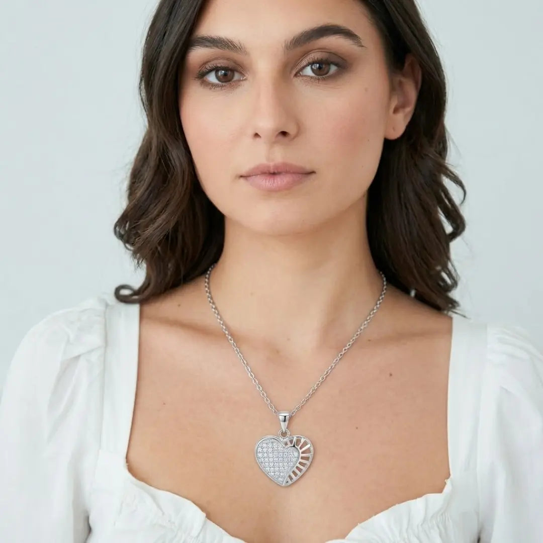 Silver Heart Pendant Necklace with American Diamond