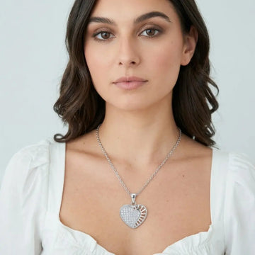 Sterling Silver American Diamond Heart Pendant Necklace – Paved & Openwork Heart Drop Necklace for Women