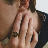 18K Gold Filled Crown Onyx Disc Ring – Black Enamel Royal Crown Signet Ring for Women
