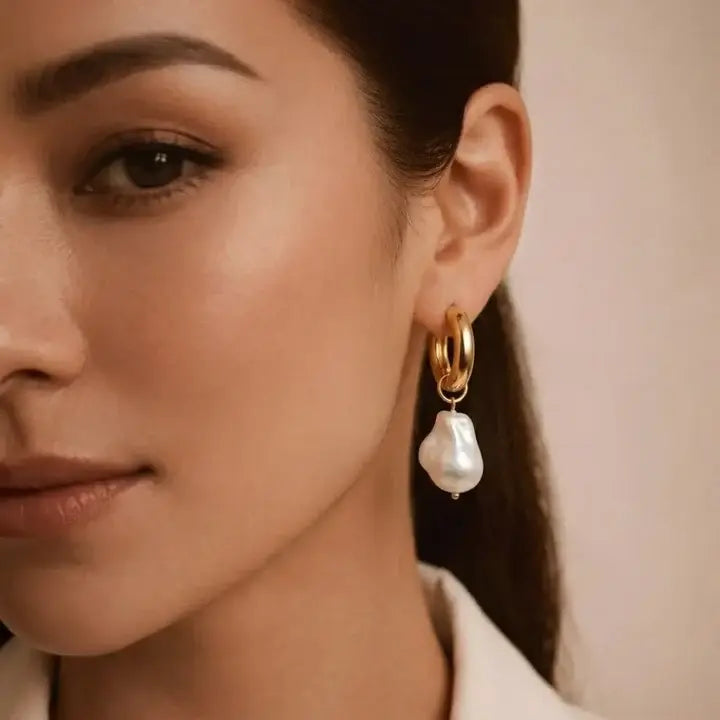 18K Gold Filled Chunky Hoop Earrings with White Baroque Pearl Drops – Organic Pearl Huggies for Women