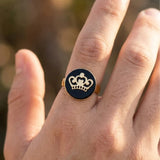 18K Gold Filled Crown Onyx Disc Ring – Black Enamel Royal Crown Signet Ring for Women