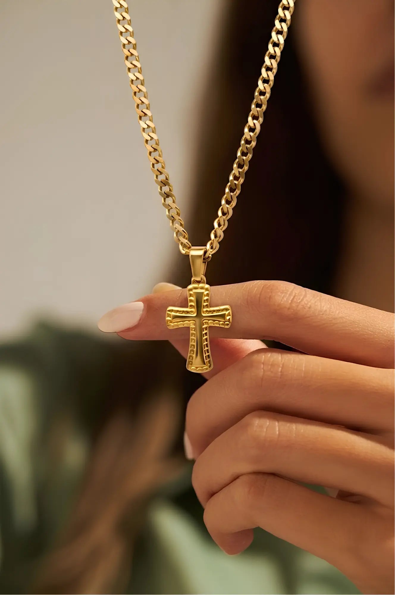 18K Gold Filled Cross Pendant Necklace with Cuban Link Chain