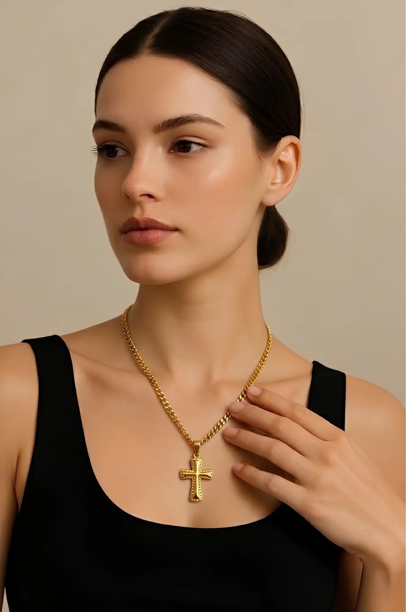 18K Gold Filled Cross Pendant Necklace with Cuban Link Chain
