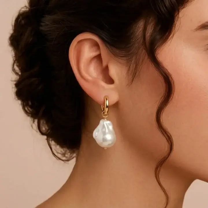 18K Gold Filled Chunky Hoop Earrings with White Baroque Pearl Drops – Organic Pearl Huggies for Women