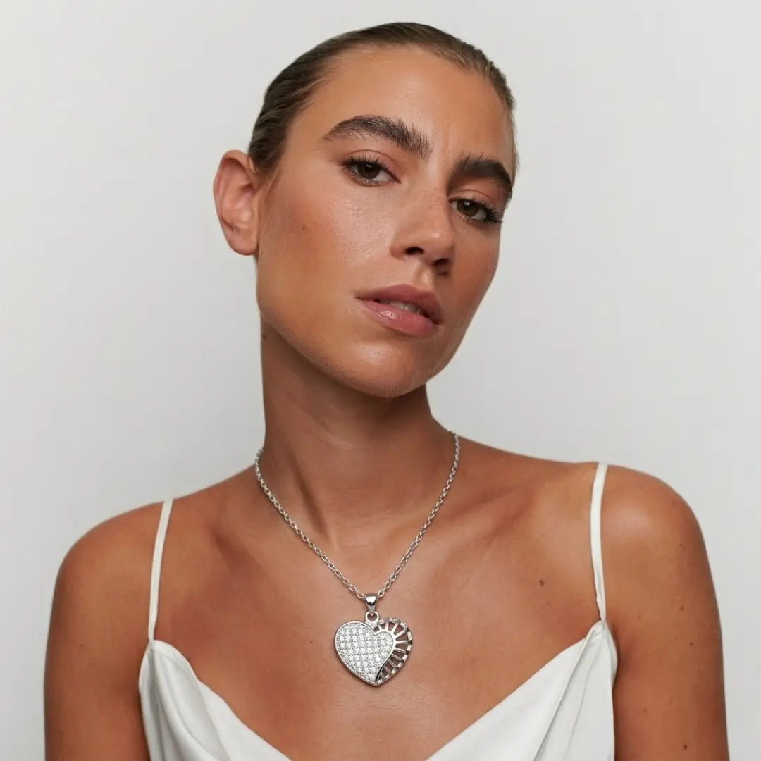Silver Heart Pendant Necklace with American Diamond