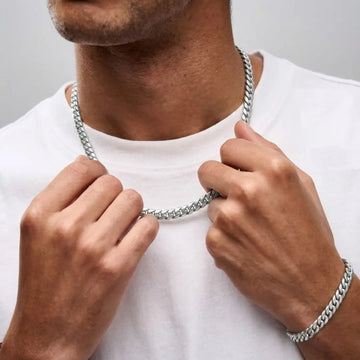 Silver Classic Cuban Link Chain & Bracelet Jewelry Set – Flat-Bevel Silver Curb Chain Matching Set for Men & Women