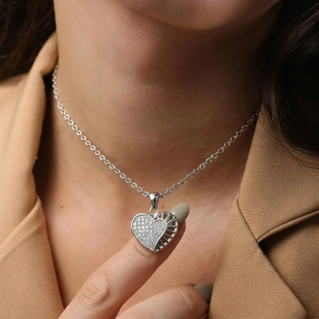 Silver Heart Pendant Necklace with American Diamond