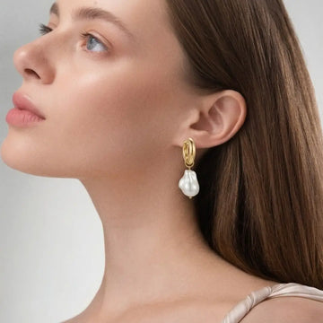 18K Gold Filled Chunky Hoop Earrings with White Baroque Pearl Drops – Organic Pearl Huggies for Women