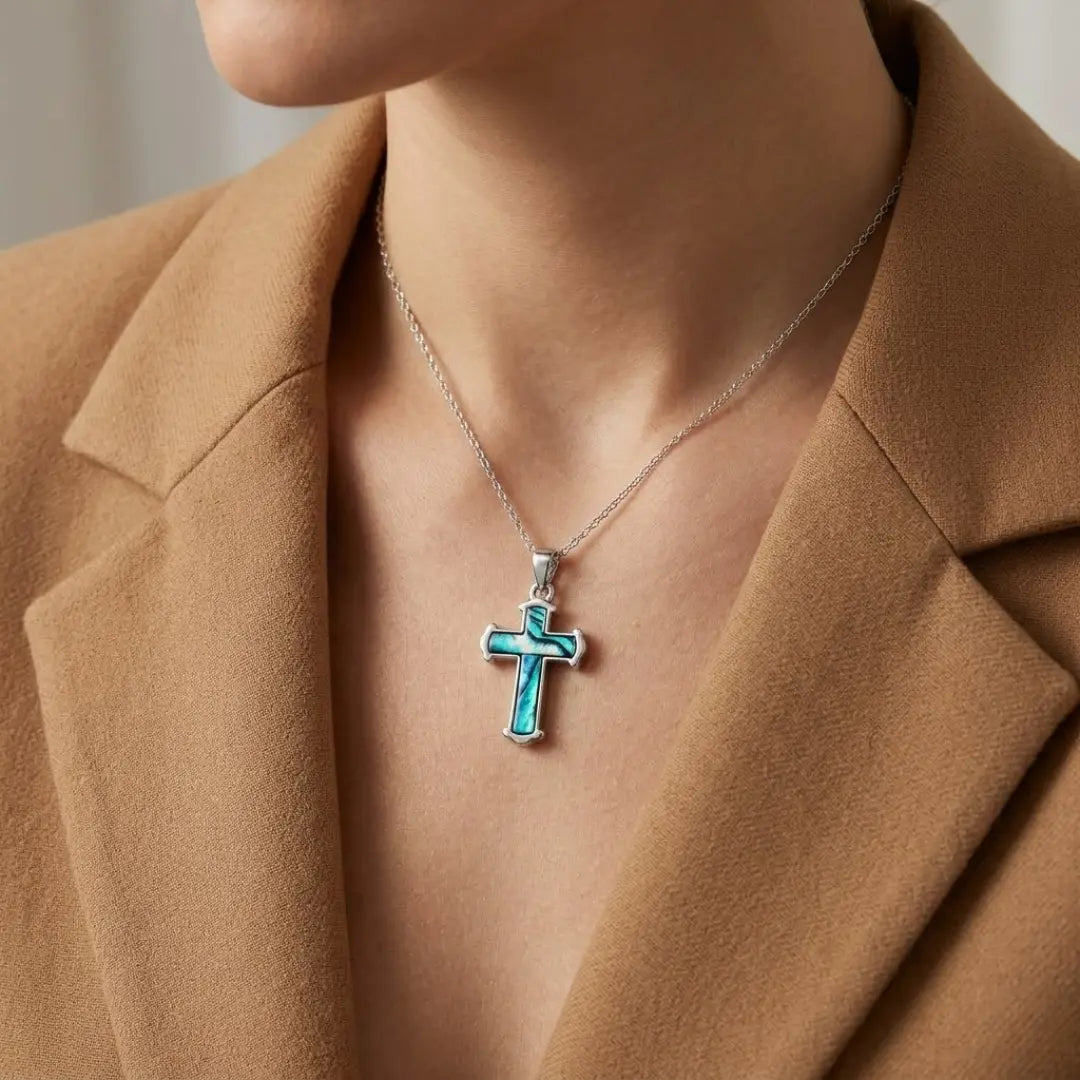 Silver Paua Shell Cross Necklace  45cm Cable Chain
