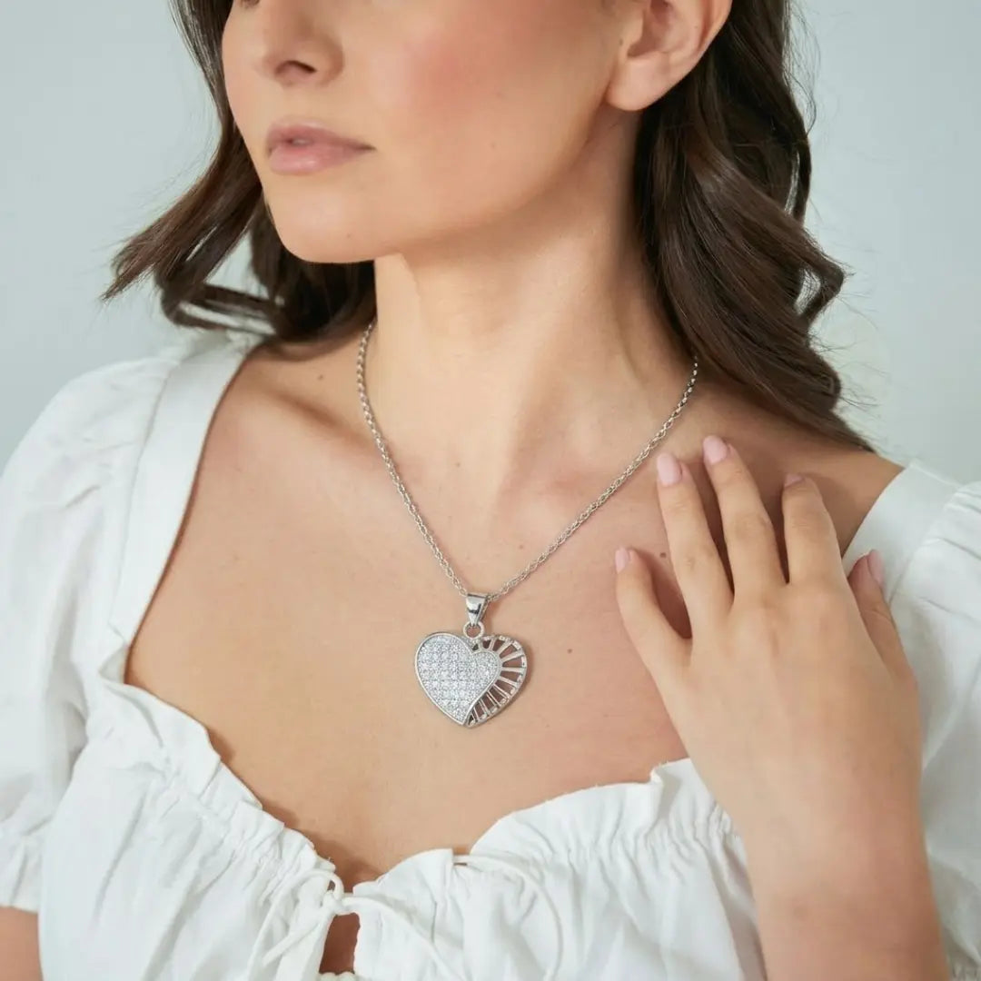 Silver Heart Pendant Necklace with American Diamond