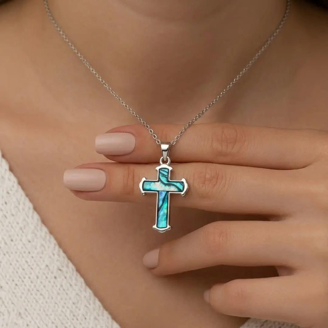 Silver Paua Shell Cross Necklace  45cm Cable Chain